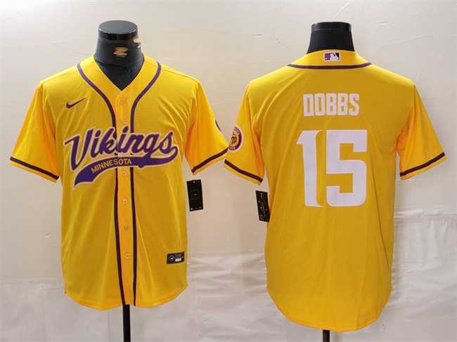 Men%27s Minnesota Vikings #15 Joshua Dobbs Yellow Cool Base Stitched Baseball Jersey->new england patriots->NFL Jersey